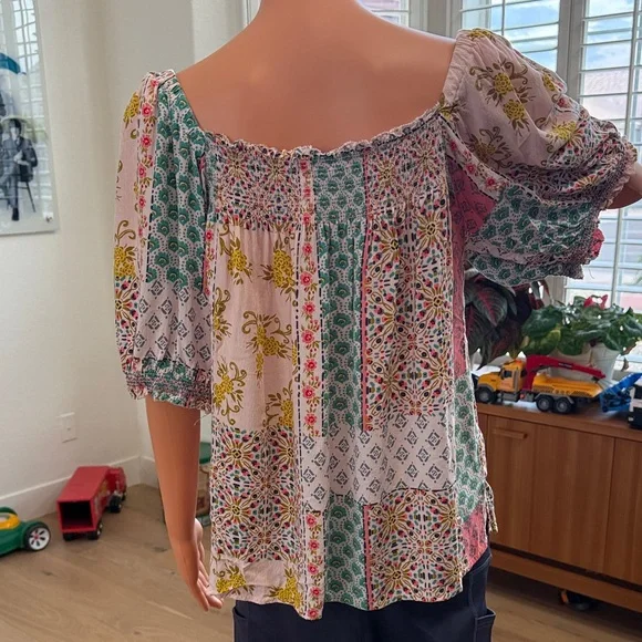 Democracy Patchwork Square-Neck Peasant Top in Pink, Green, Yellow, White - Picture 2 of 6